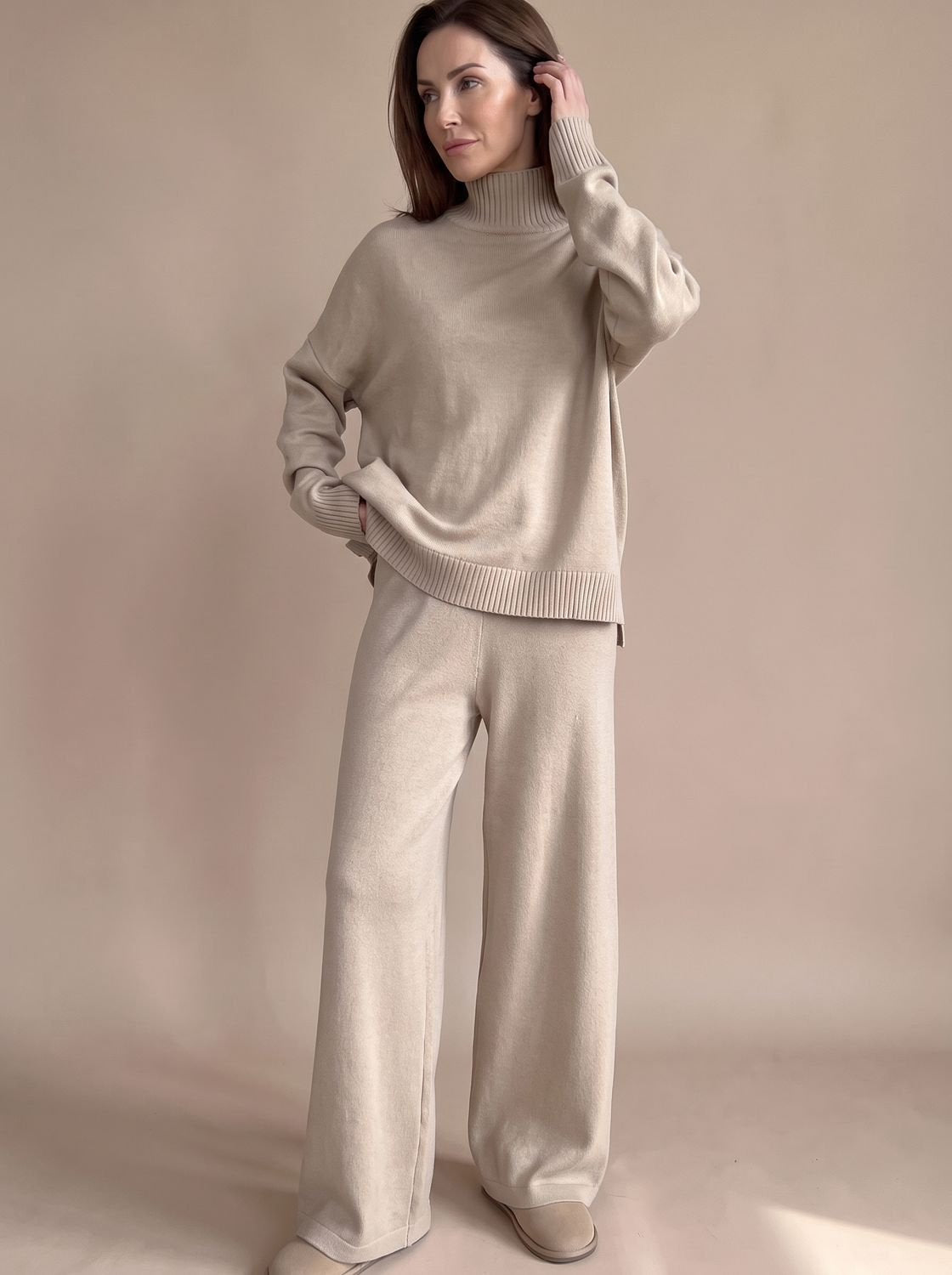Rollkragenpullover Set Damen aus Strick, Oversize mit weiter Hose