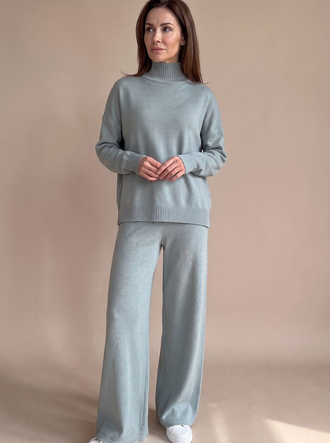 Rollkragenpullover Set Damen aus Strick, Oversize mit weiter Hose