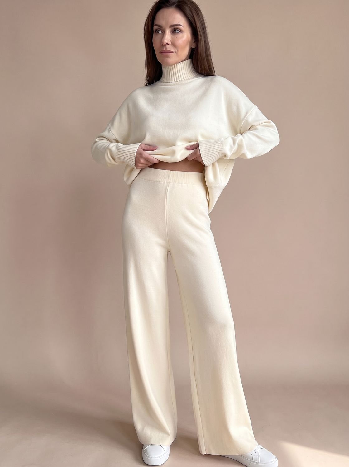 Rollkragenpullover Set Damen aus Strick, Oversize mit weiter Hose