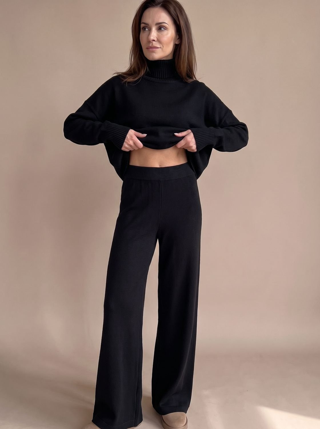 Rollkragenpullover Set Damen aus Strick, Oversize mit weiter Hose