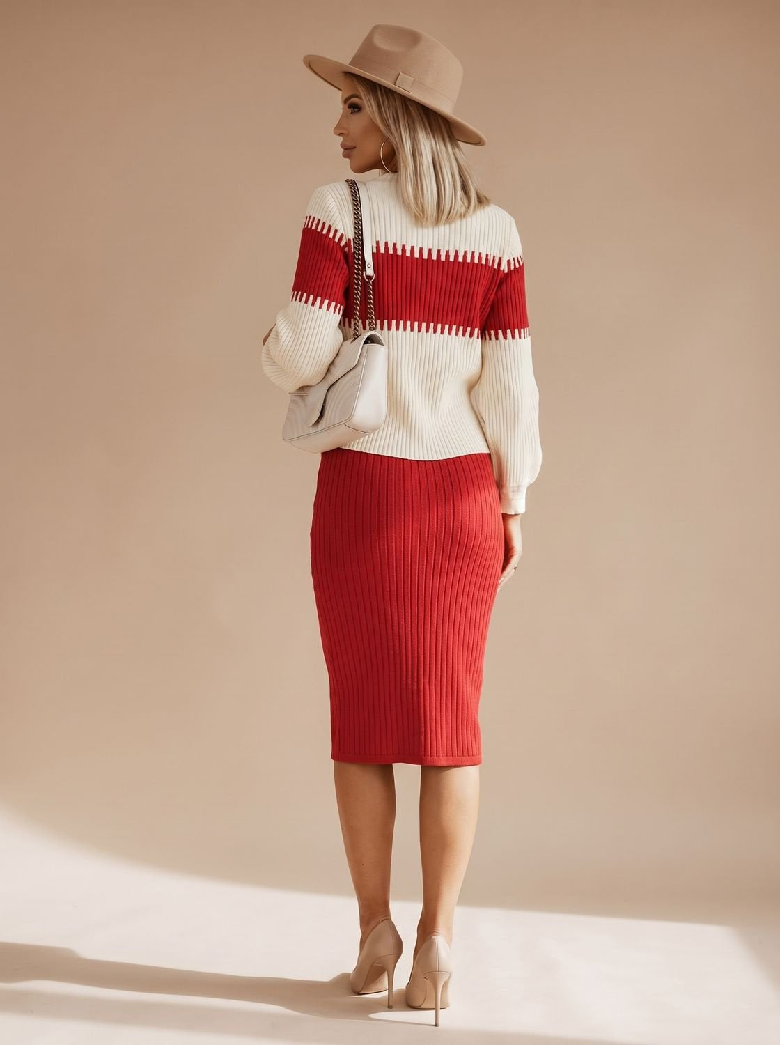 Rollkragenpullover Set Damen mit geschlitztem Midi-Strickrock
