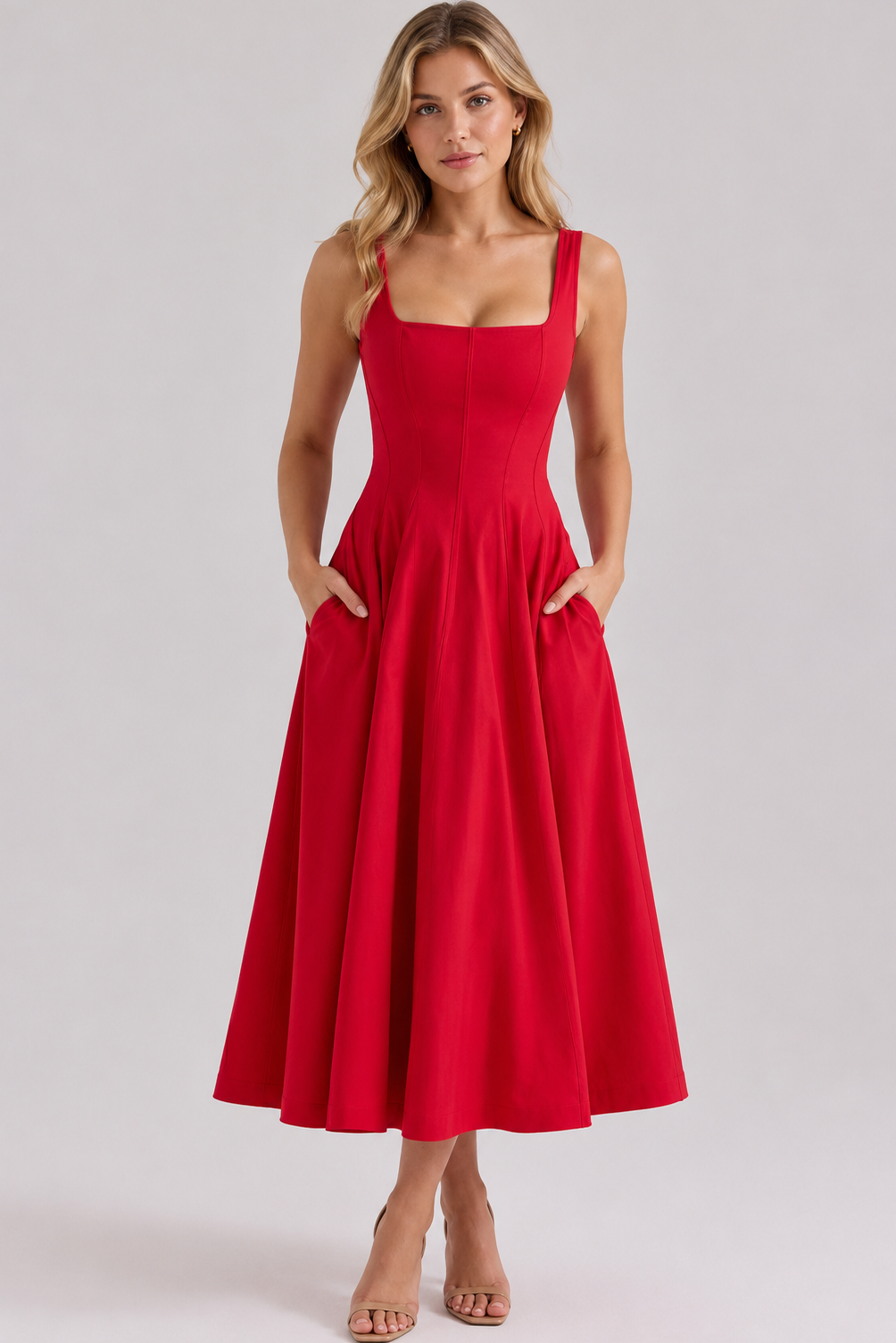 Festliches Kleid Damen Midikleid eckiger Ausschnitt Rückenschnürung