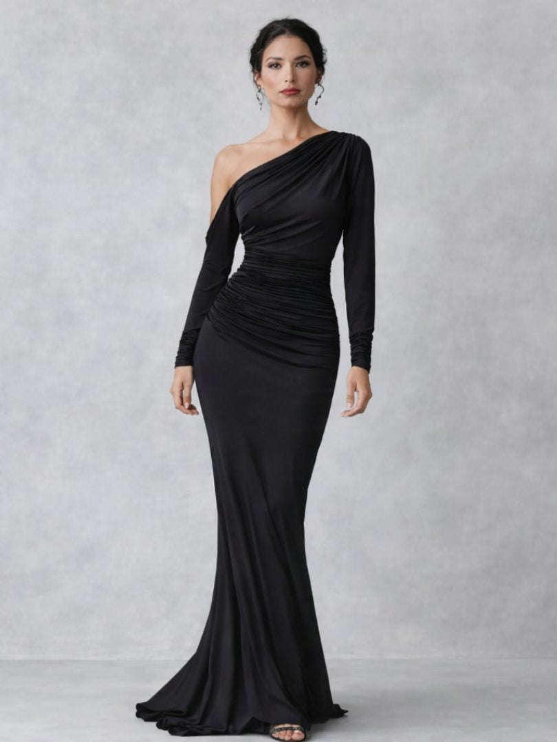 Samtkleid mit asymmetrischem Ausschnitt und Raffungen für Damen