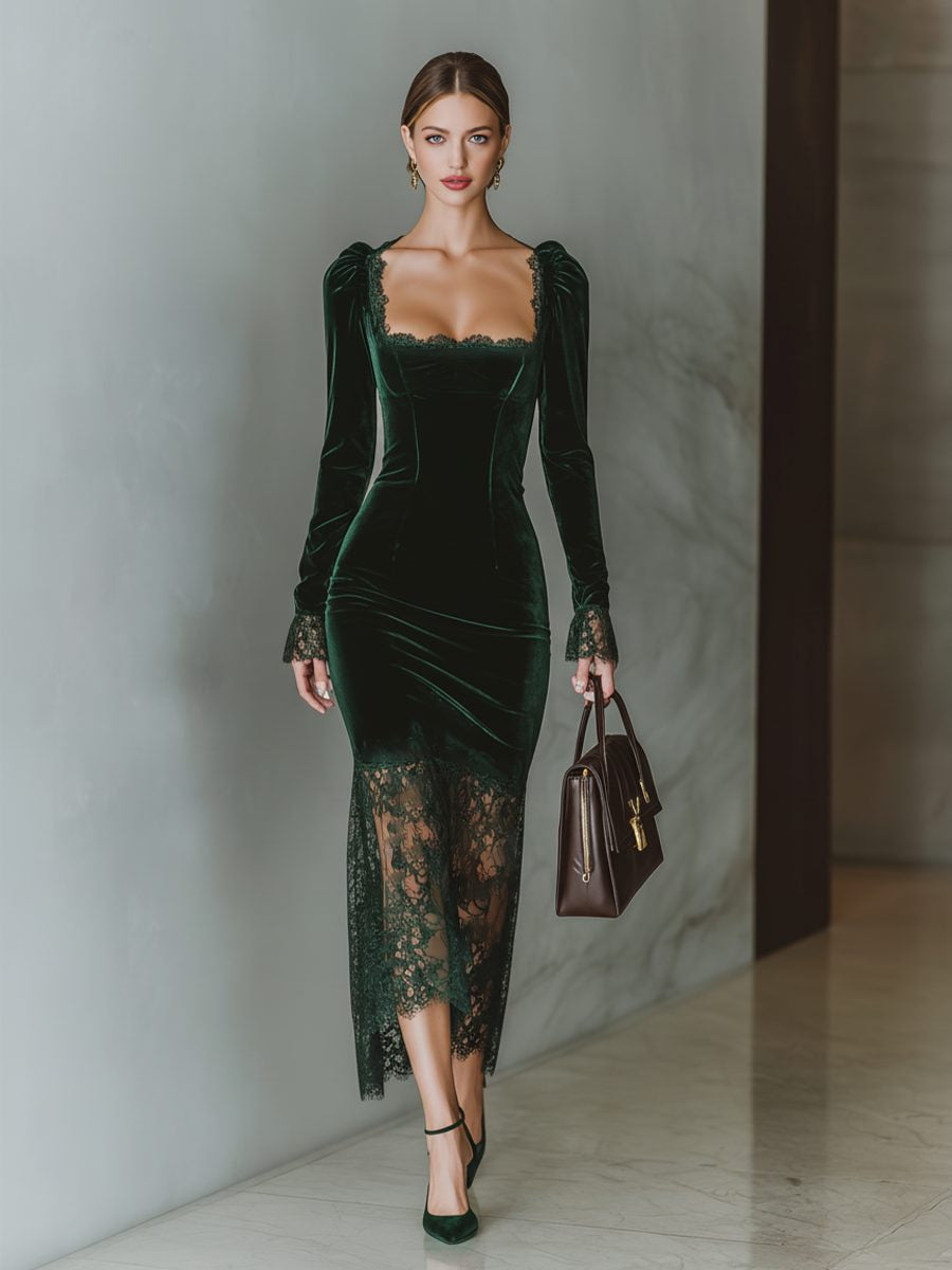 Samtkleid mit Karree-Ausschnitt und Spitze für Damen