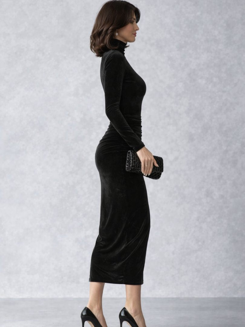 Samtkleid mit Raffung und langen Ärmeln für Damen