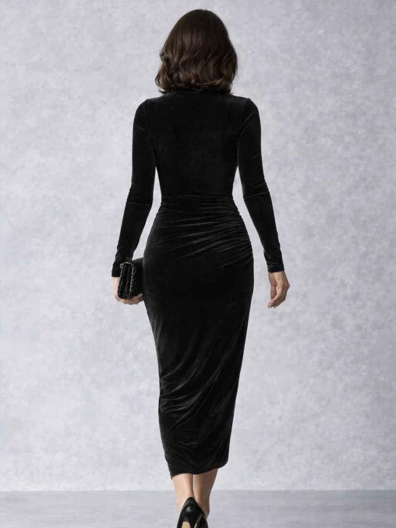 Samtkleid mit Raffung und langen Ärmeln für Damen