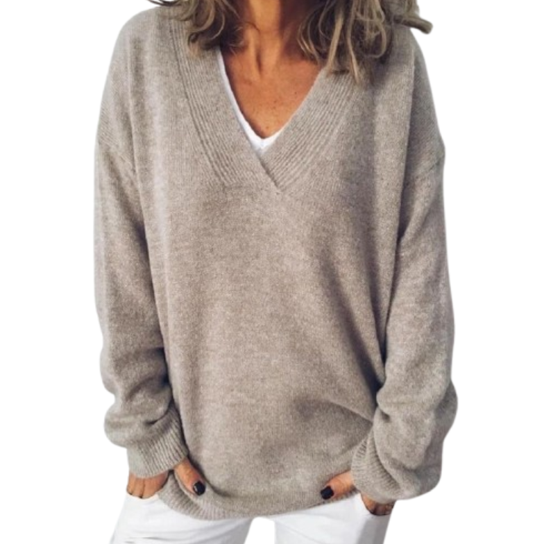 Pullover Damen oversized mit V Ausschnitt aus Feinstrick langarm