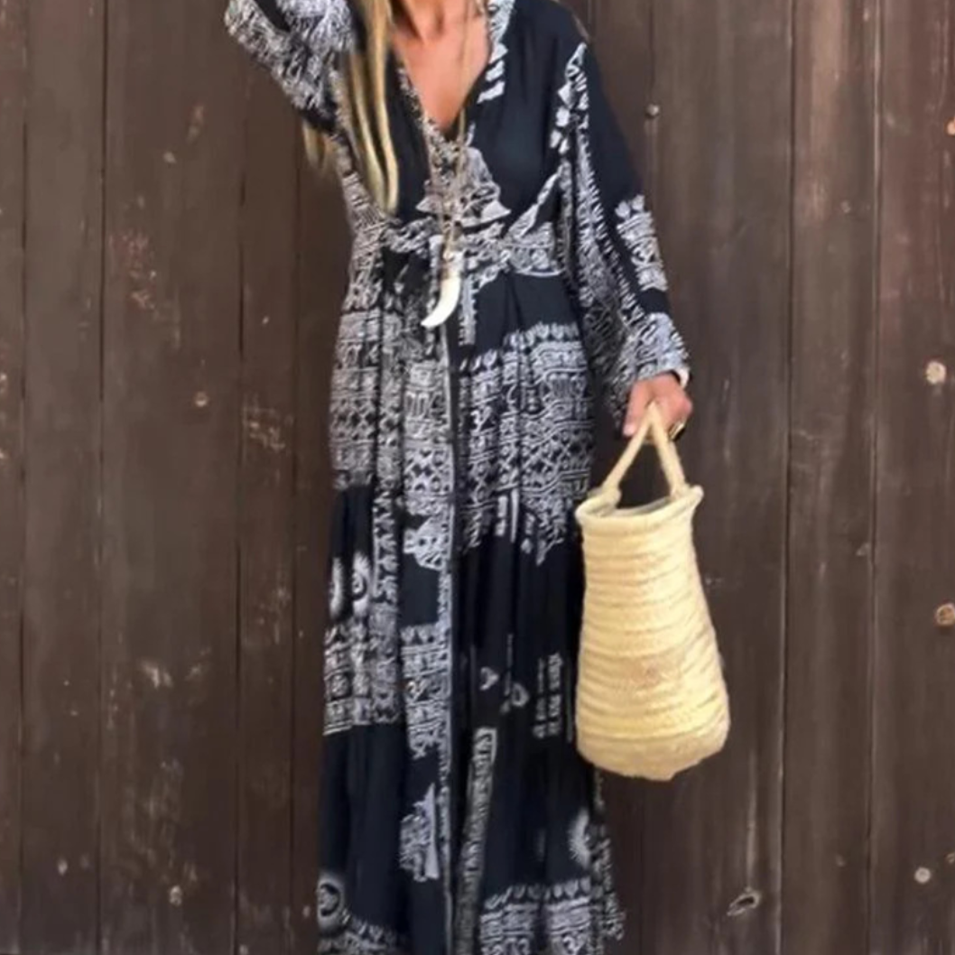 Bayer Modehaus - Damen Maxikleid mit Ornament-Print, Bindegürtel und Volantsaum - Produktbild 4