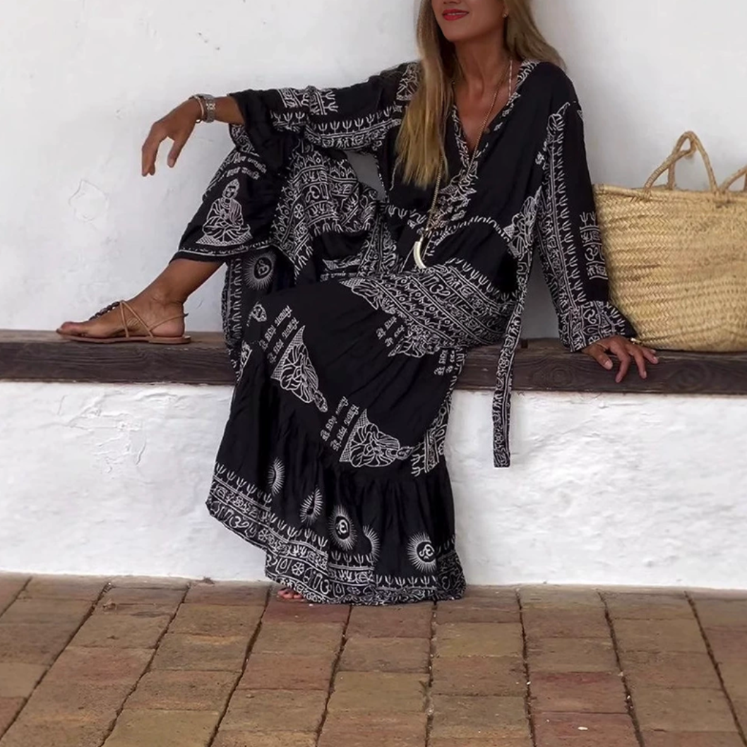 Bayer Modehaus - Damen Maxikleid mit Ornament-Print, Bindegürtel und Volantsaum - Produktbild 3