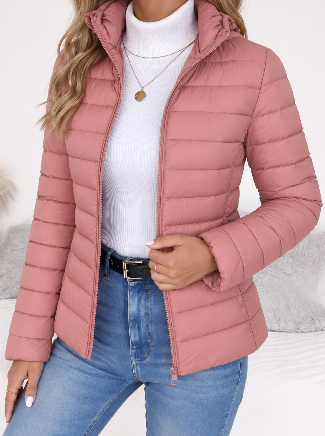 Steppjacke mit schmalem Schnitt und hohem Kragen für Damen in Rosa - Ansicht 6