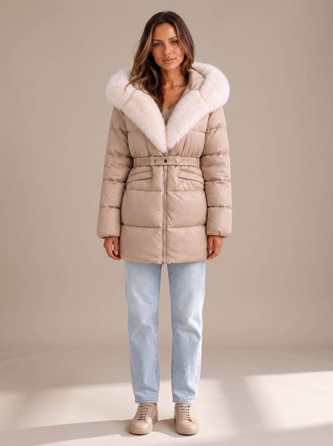 Steppjacke Damen gefüttert mit Kunstfell-Kapuze und Taillengürtel