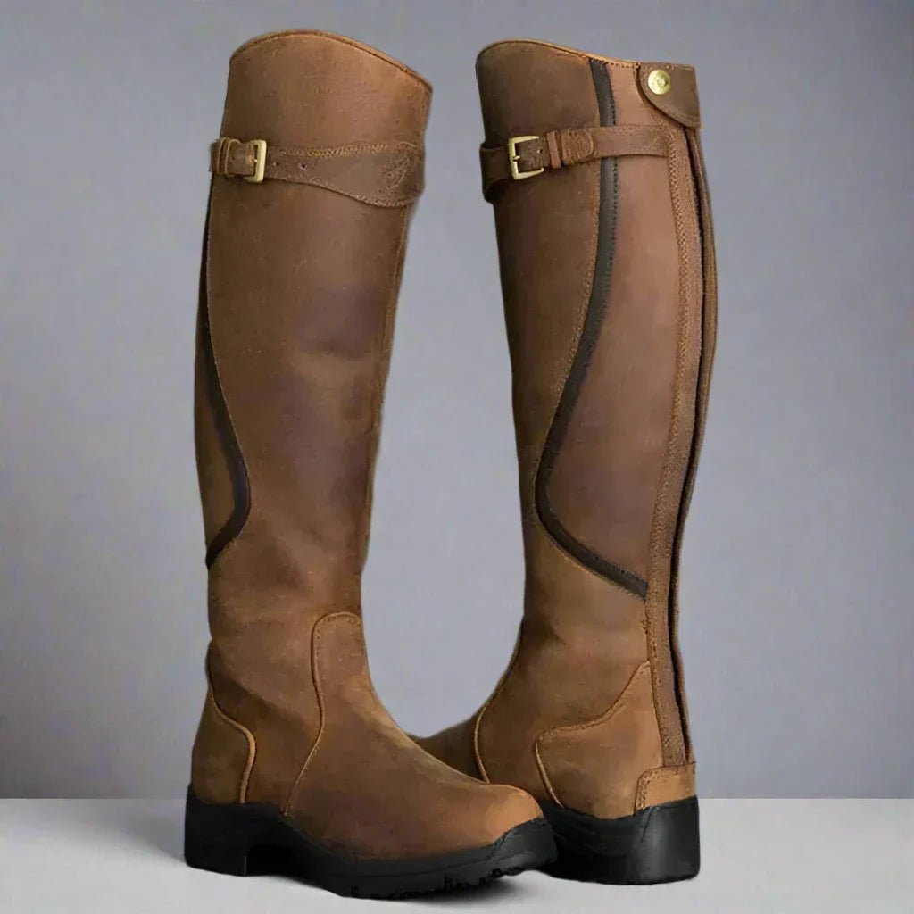 Kniehohe Stiefel mit Rückenzip und Zierschnalle für Damen in Braun
