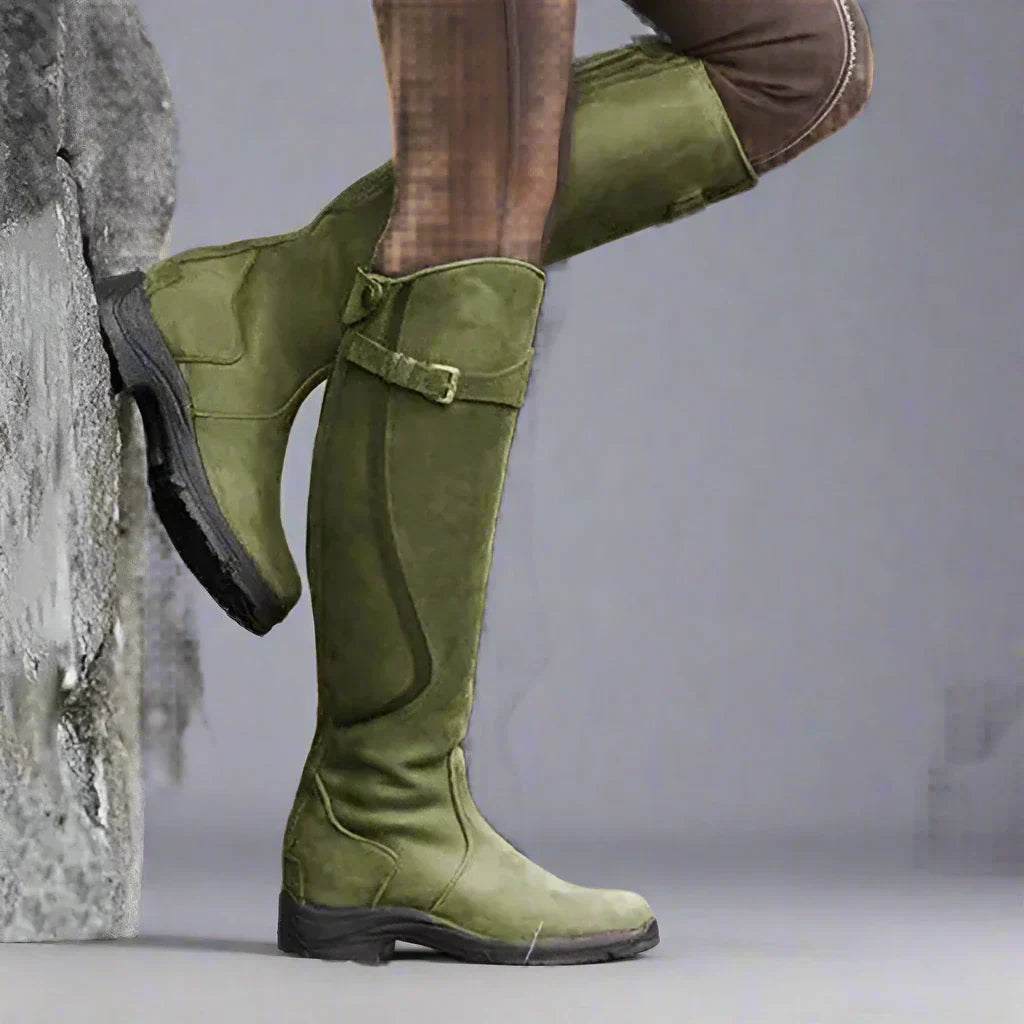 Kniehohe Stiefel mit Rückenzip und Zierschnalle für Damen in Grün - Ansicht 8