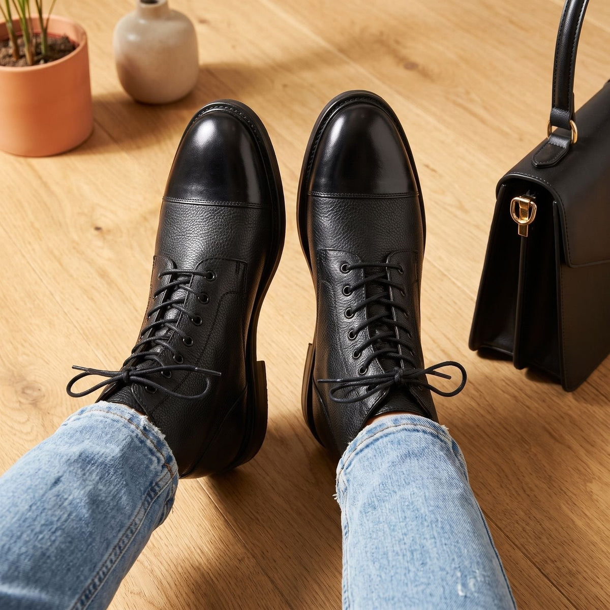 Stiefeletten Damen aus Kunstleder mit Baumwollfutter und Schnürung