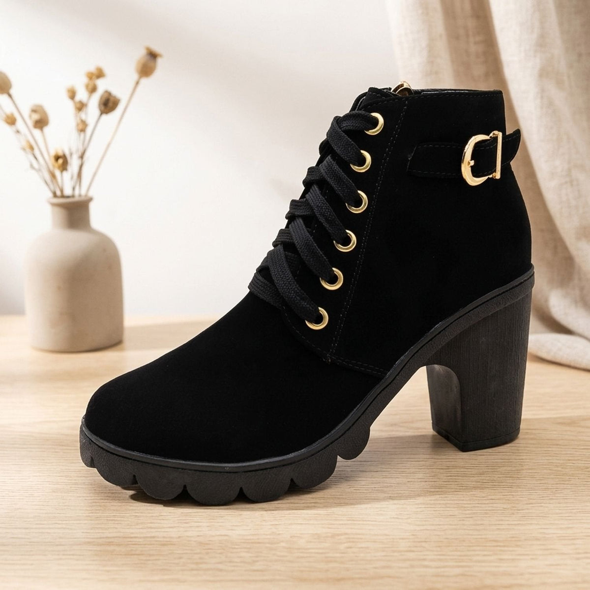 Stiefeletten Damen aus Kunstleder mit Blockabsatz und Schnürung