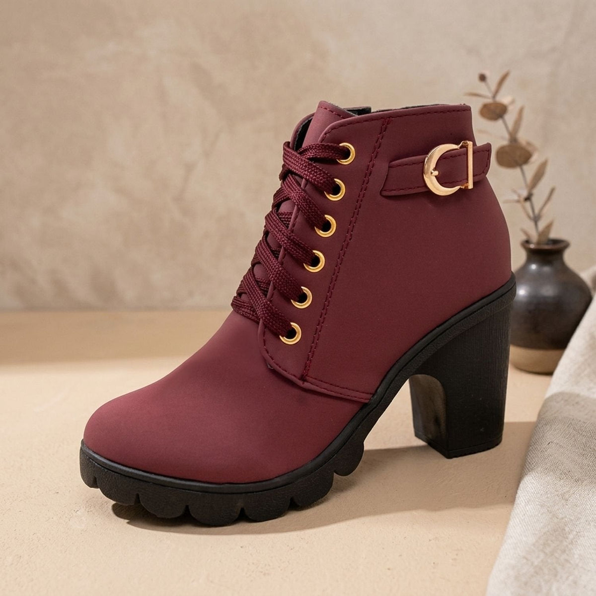 Stiefeletten Damen aus Kunstleder mit Blockabsatz und Schnürung