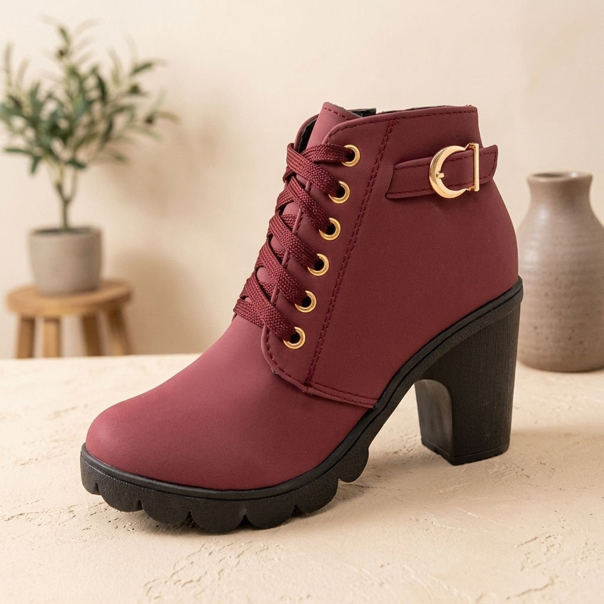 Stiefeletten Damen aus Kunstleder mit Blockabsatz und Schnürung