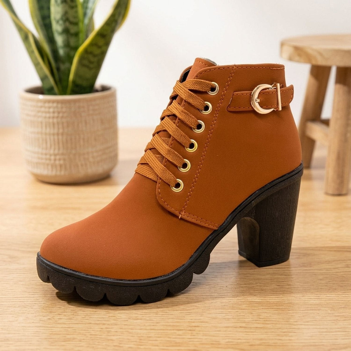 Stiefeletten Damen aus Kunstleder mit Blockabsatz und Schnürung