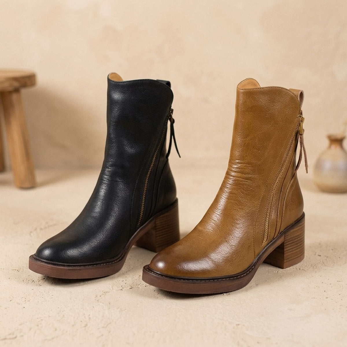 Stiefeletten Damen aus Leder mit Blockabsatz, seitlicher Reißverschluss