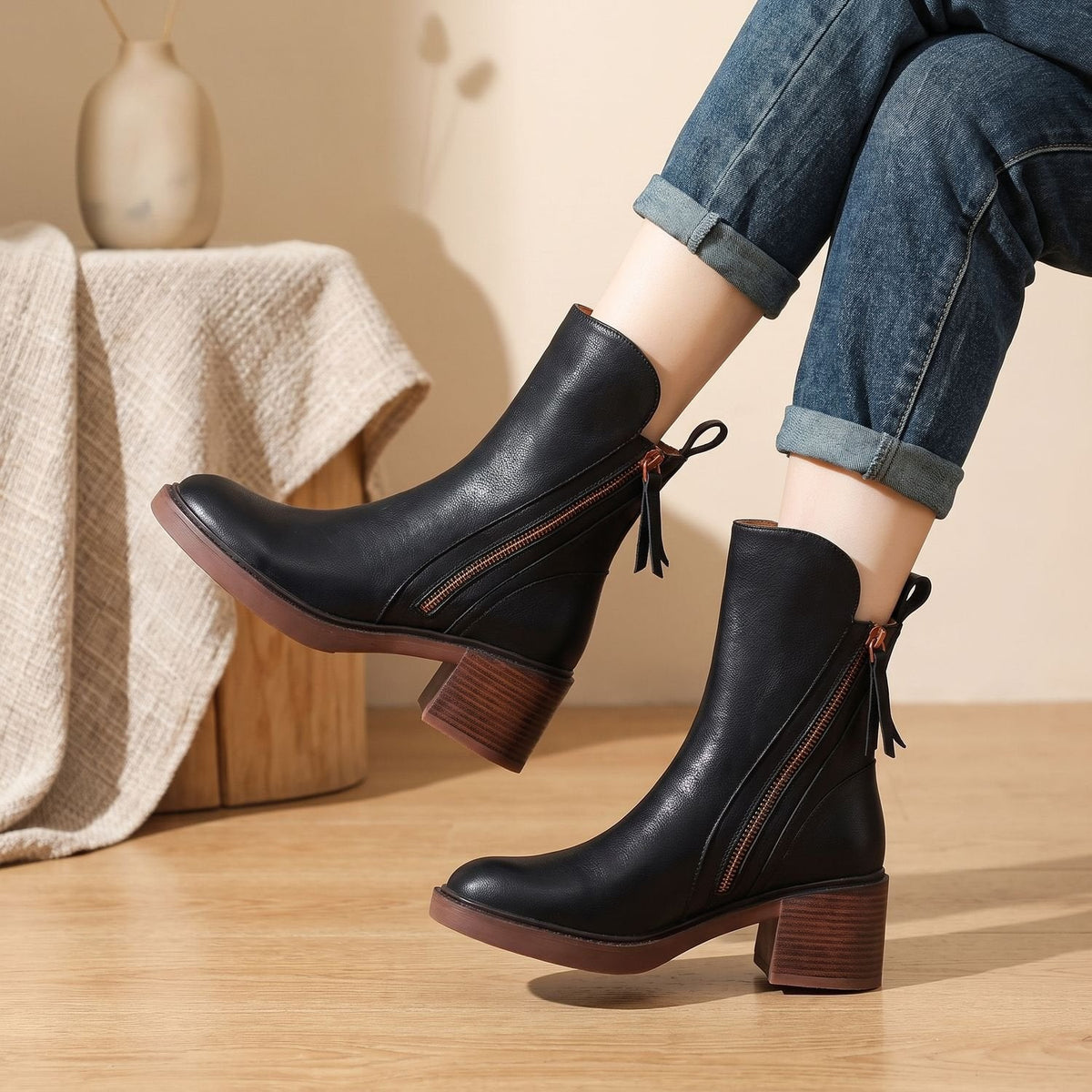 Stiefeletten Damen aus Leder mit Blockabsatz, seitlicher Reißverschluss