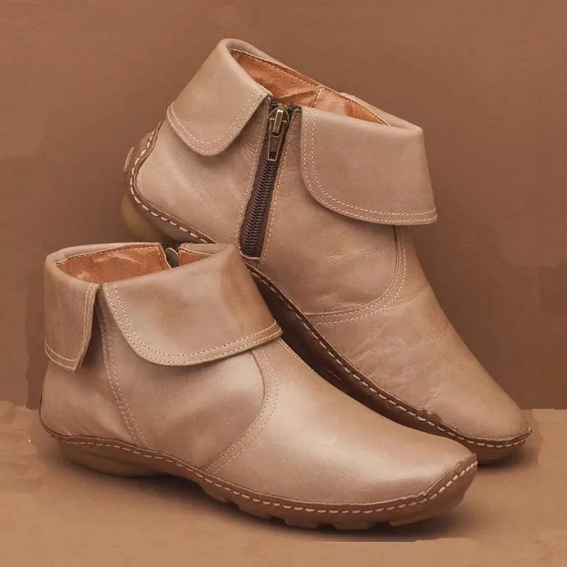 Stiefeletten mit Vintage-Ziernähten und flachem Absatz für Damen in Beige (mit Reißverschluss) - Ansicht 3