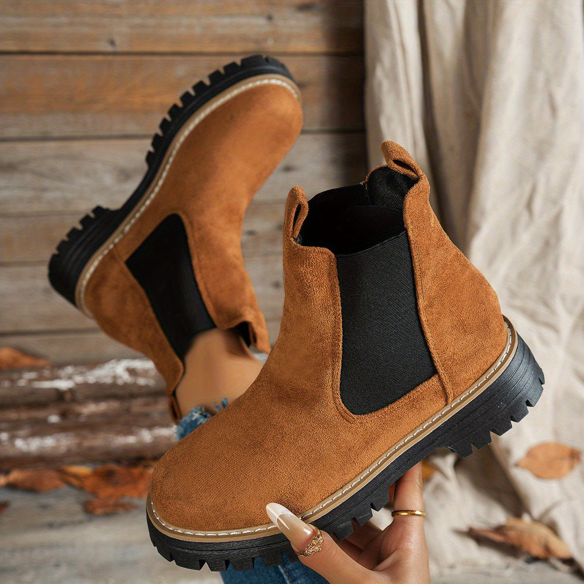 Stiefeletten Damen Chelsea mit Plateausohle und Blockabsatz