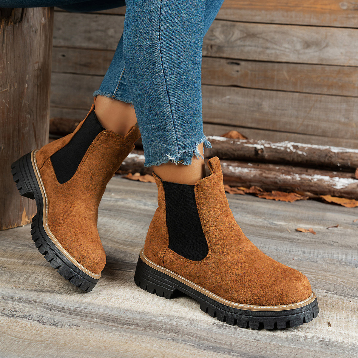 Stiefeletten Damen Chelsea mit Plateausohle und Blockabsatz