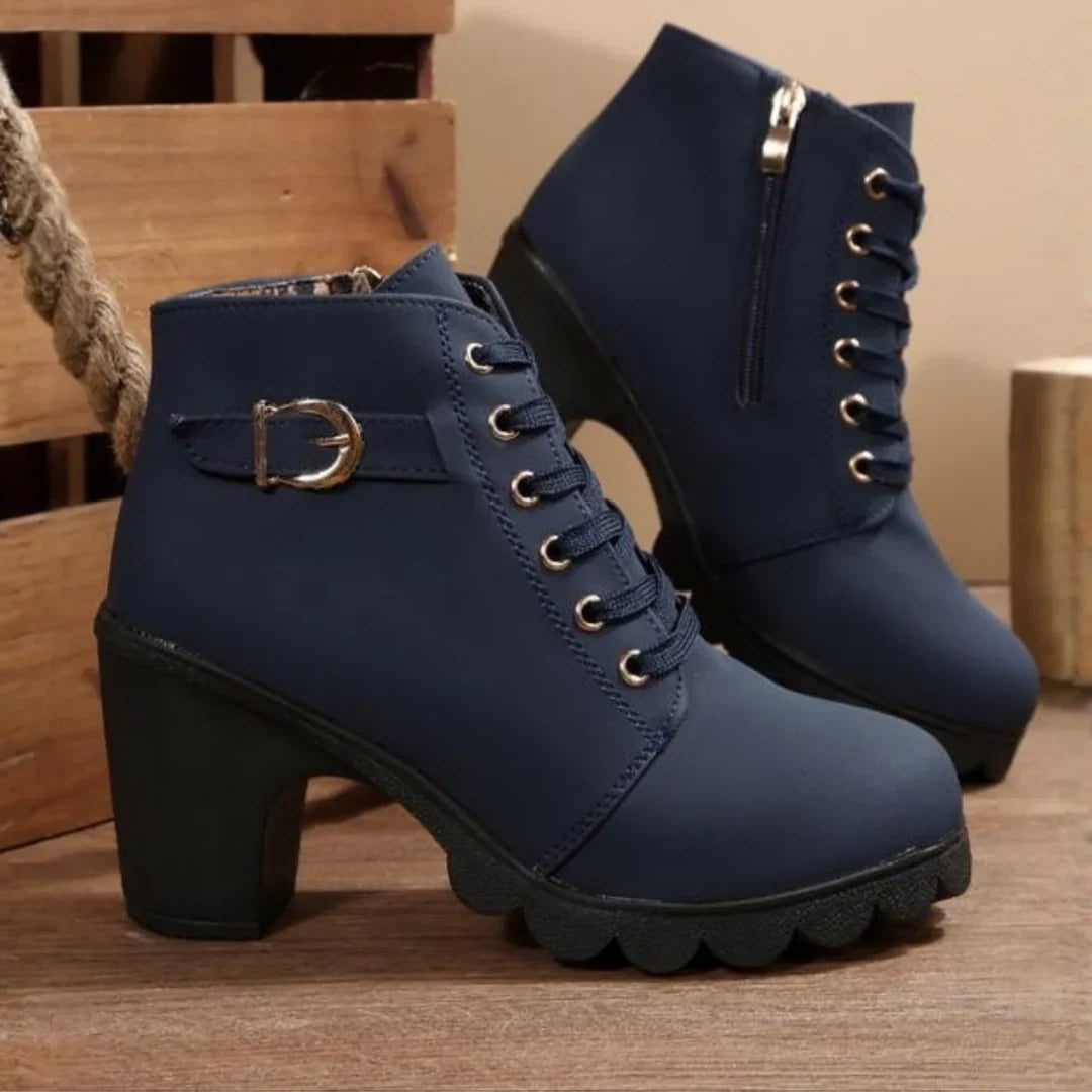Stiefeletten Damen mit Blockabsatz, Schnürung und Schnallendetail
