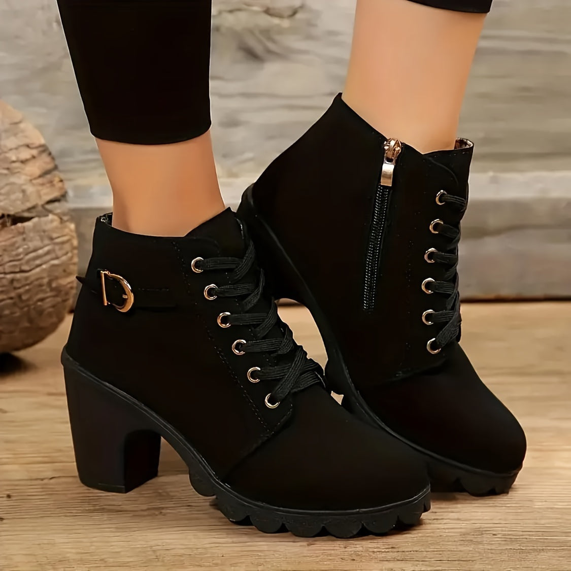 Stiefeletten Damen mit Blockabsatz, Schnürung und Seitenzipper