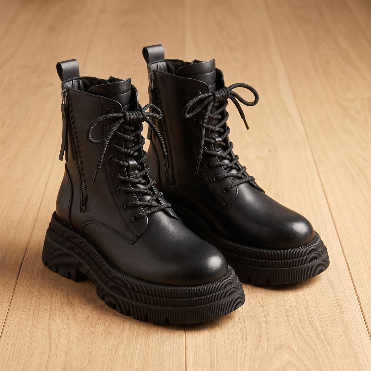 Stiefeletten Damen mit Plateausohle, Schnürung und seitlichem Reißverschluss