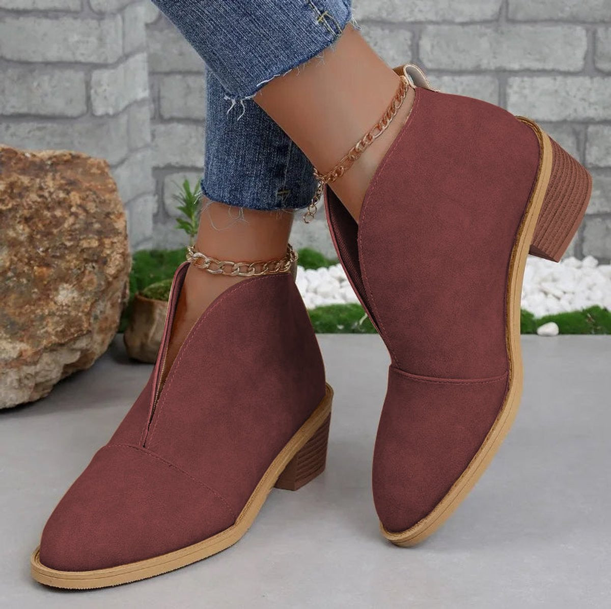 Stiefeletten Damen mit spitzer Zehenkappe und Blockabsatz, Kunstleder