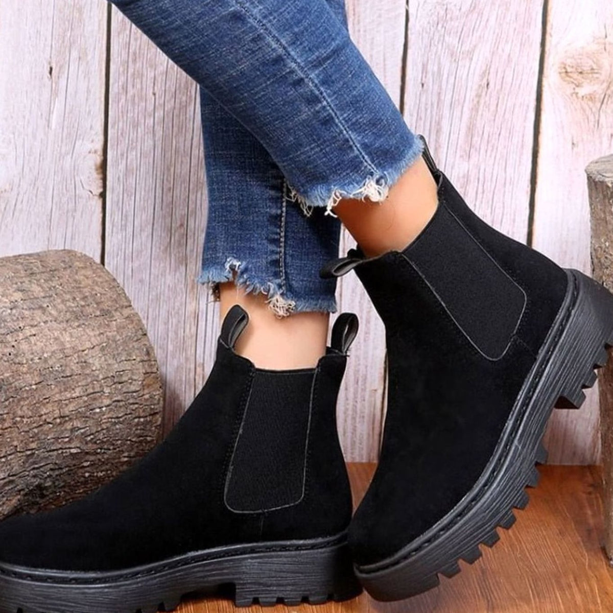 Stiefeletten Damen Chelsea Boots Slip on Plateausohle Wildlederoptik