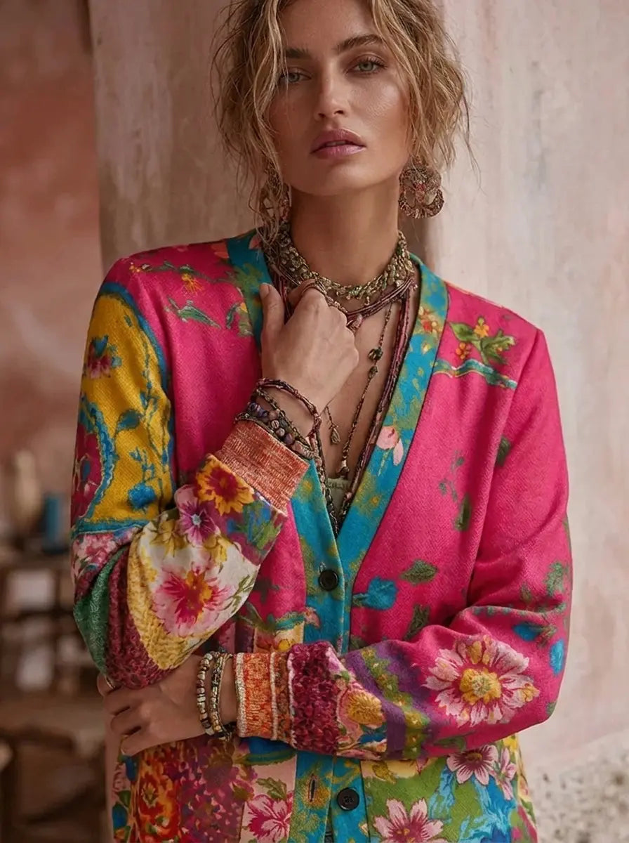 Strickjacke mit Blumenmotiv und V-Ausschnitt für Damen - Ansicht 3