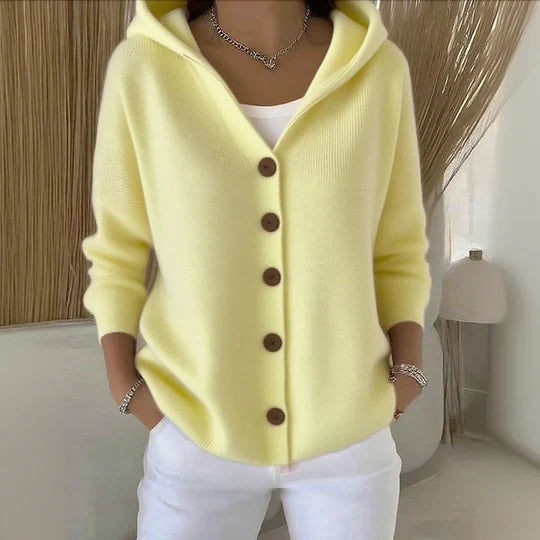 Strickjacke mit Kapuze, Knöpfen und A-Linie für Damen in Gelb