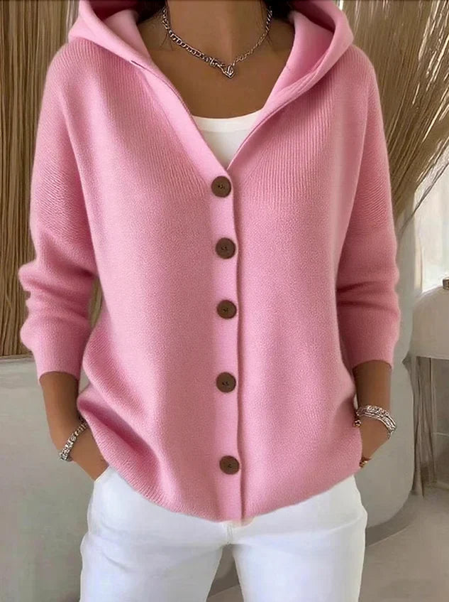 Strickjacke mit Kapuze, Knöpfen und A-Linie für Damen in Rosa - Ansicht 2