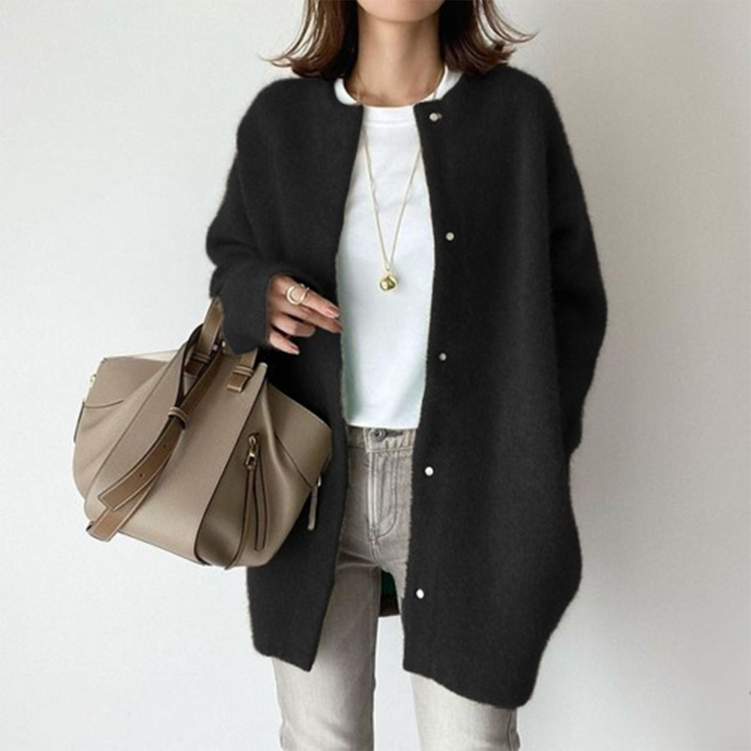 Strickjacke aus Baumwoll-Leinen-Mix mit Taschen für Damen in Schwarz - Ansicht 2