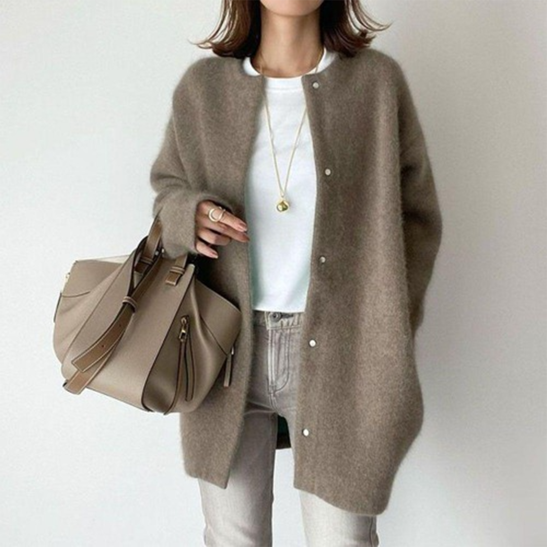 Strickjacke aus Baumwoll-Leinen-Mix mit Taschen für Damen in Kaffee - Ansicht 5