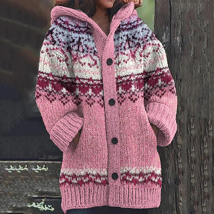 Strickjacke mit Kapuze, Muster und großen Knöpfen für Damen in Rosa - Ansicht 5
