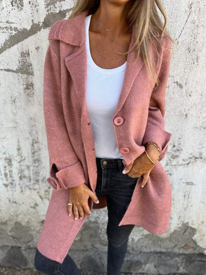 Lange Strickjacke mit Umschlagkragen und Taschen für Damen in Rosa