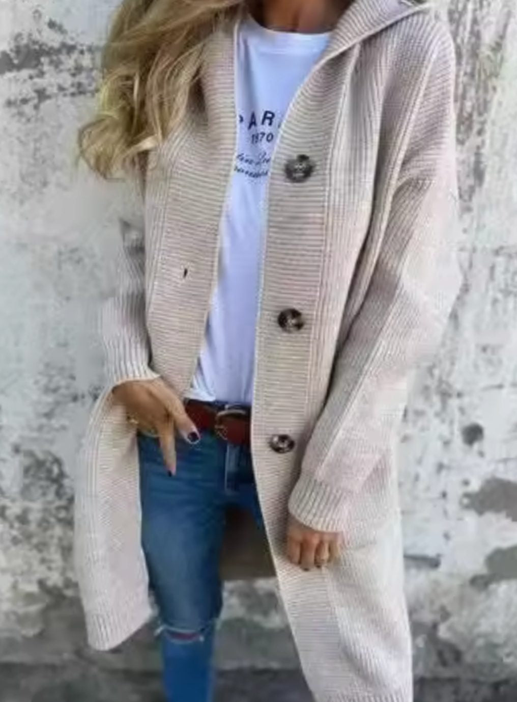 Strickjacke mit Kapuze und Rippenstrick für Damen in Beige - Ansicht 2
