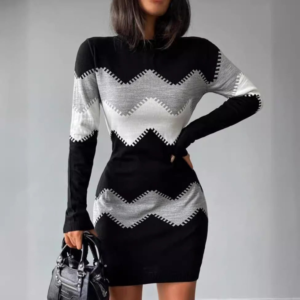 Strickkleid mit Chevron-Muster und Rundhalsausschnitt für Damen