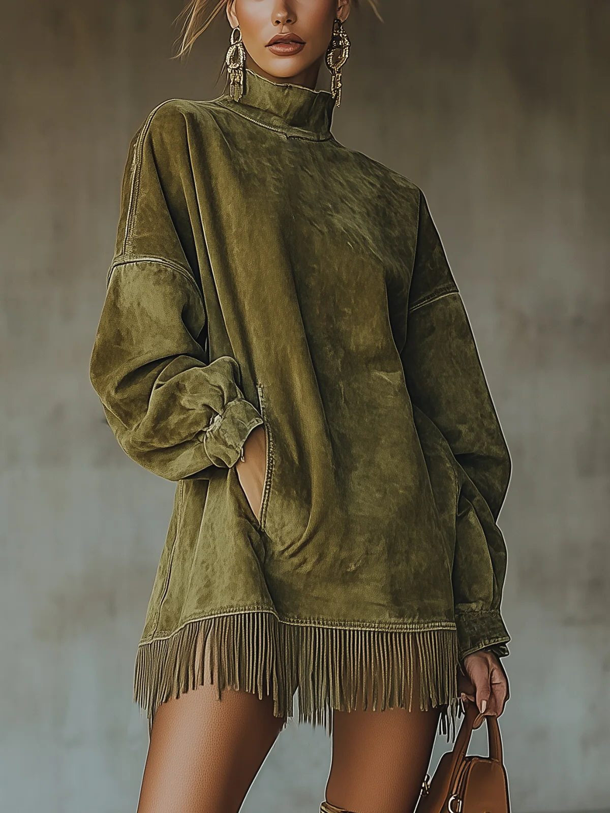 Strickkleid mit weitem Schnitt und Fransensaum für Damen