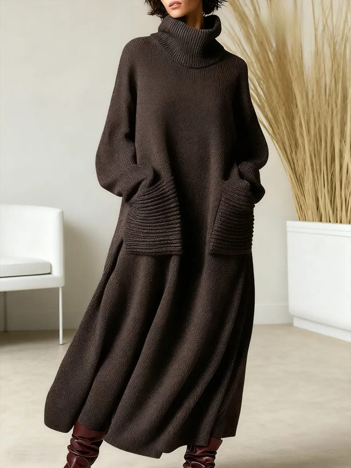 Strickkleid mit Rippstruktur und Rollkragen für Damen