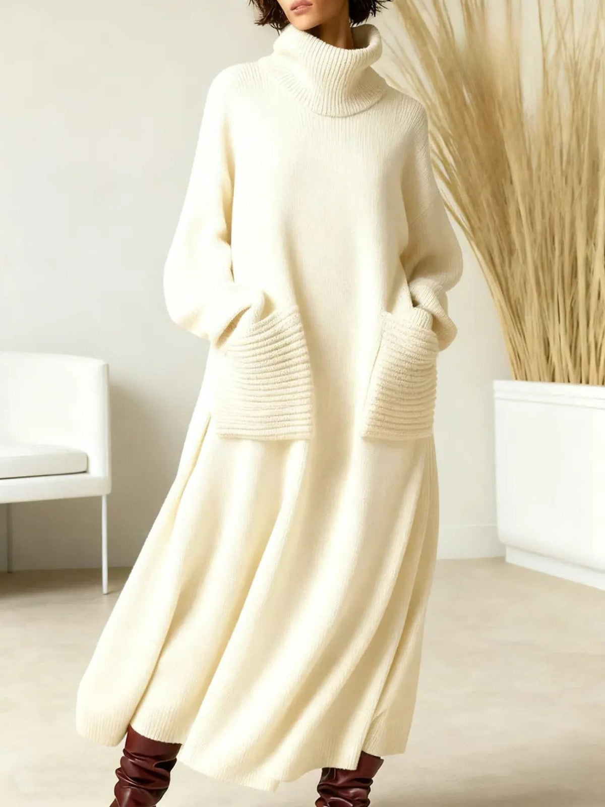Strickkleid mit Rippstruktur und Rollkragen für Damen