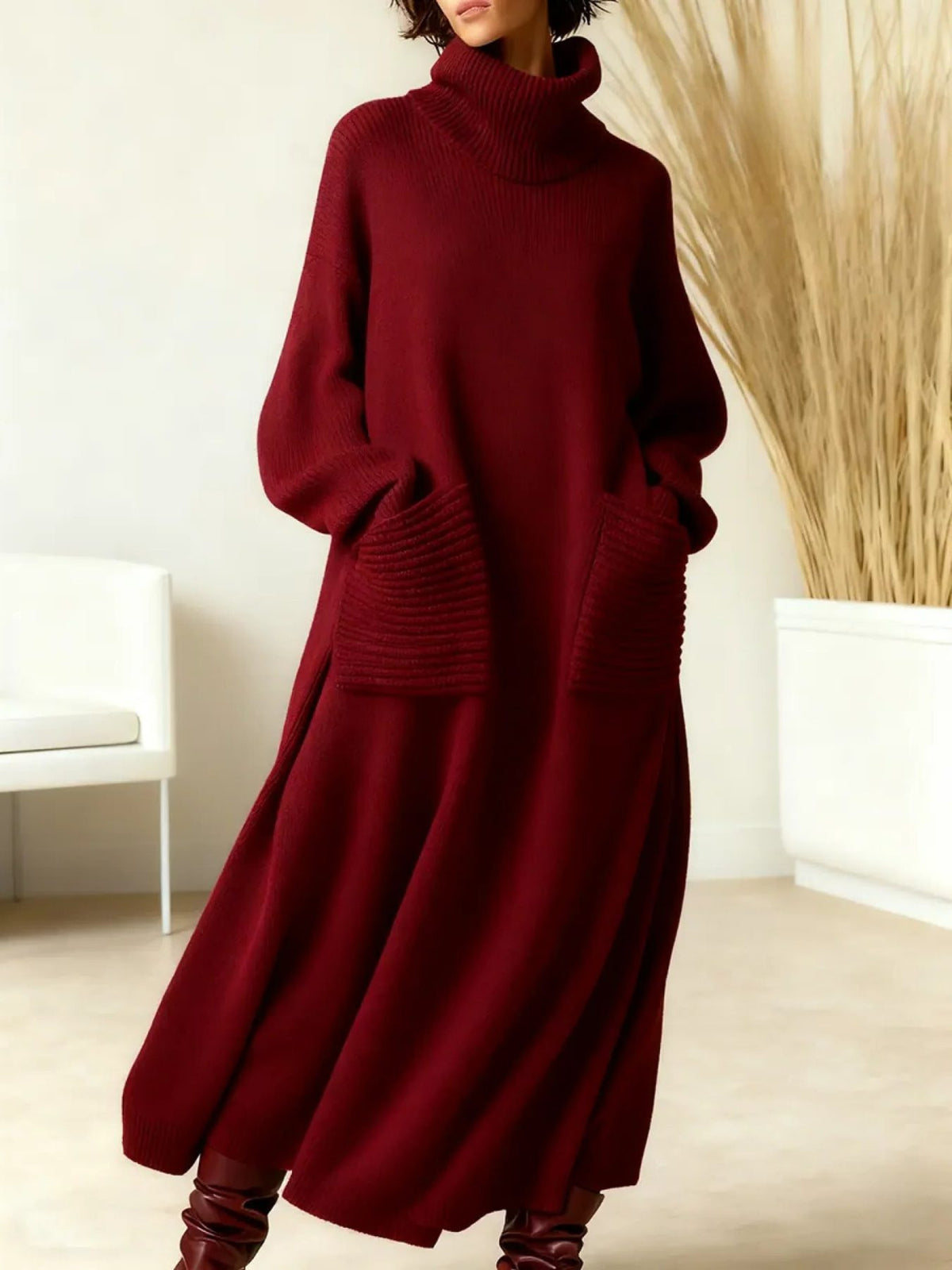 Strickkleid mit Rippstruktur und Rollkragen für Damen