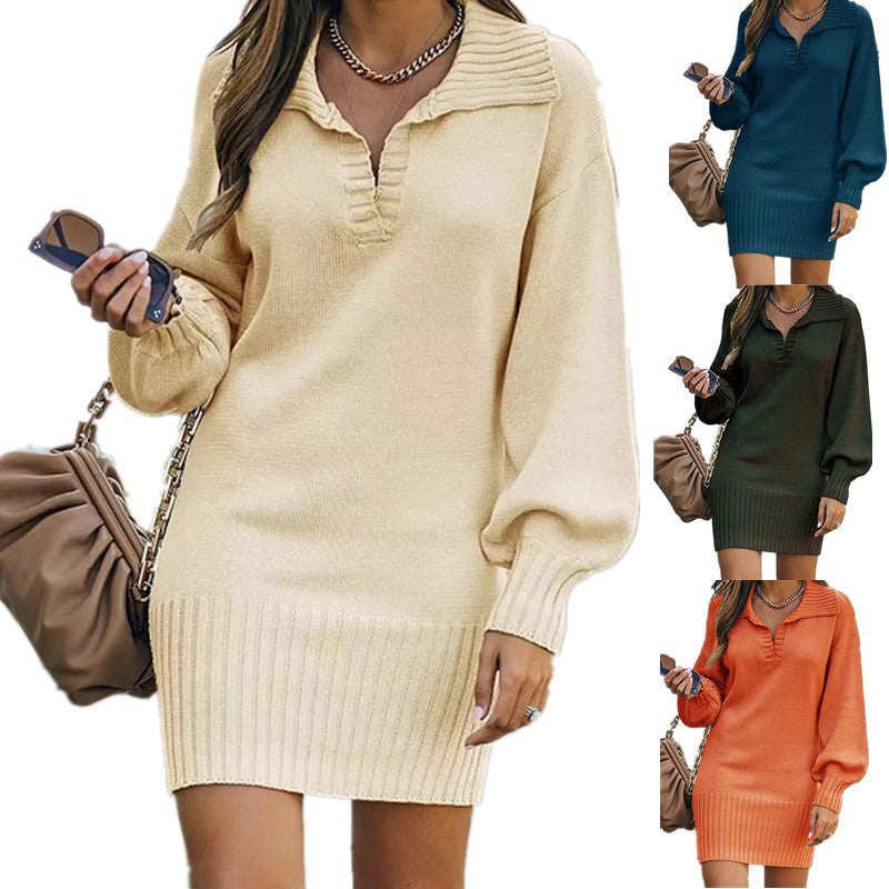 Strickkleid mit V-Ausschnitt und Rippbund für Damen