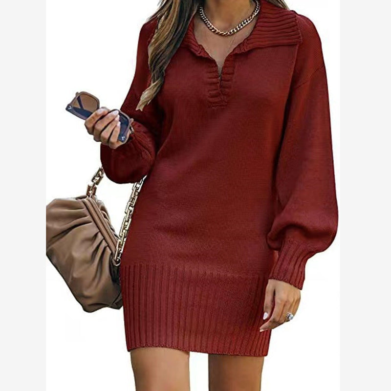 Strickkleid mit V-Ausschnitt und Rippbund für Damen
