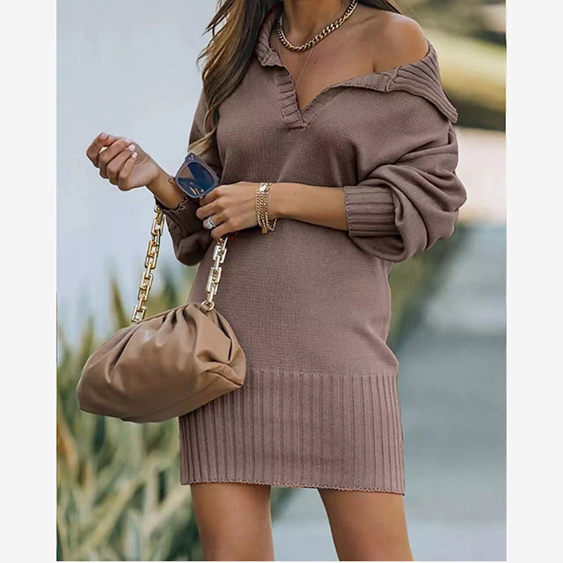 Strickkleid mit V-Ausschnitt und Rippbund für Damen