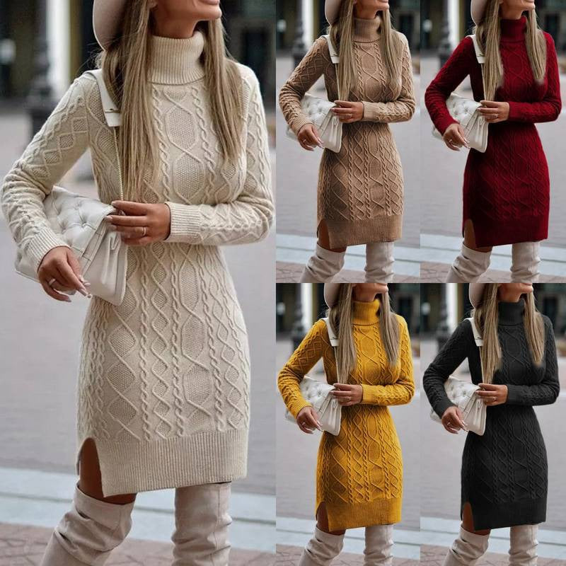 Strickkleid mit Zopfmuster und Rollkragen Ingwergelb für Damen