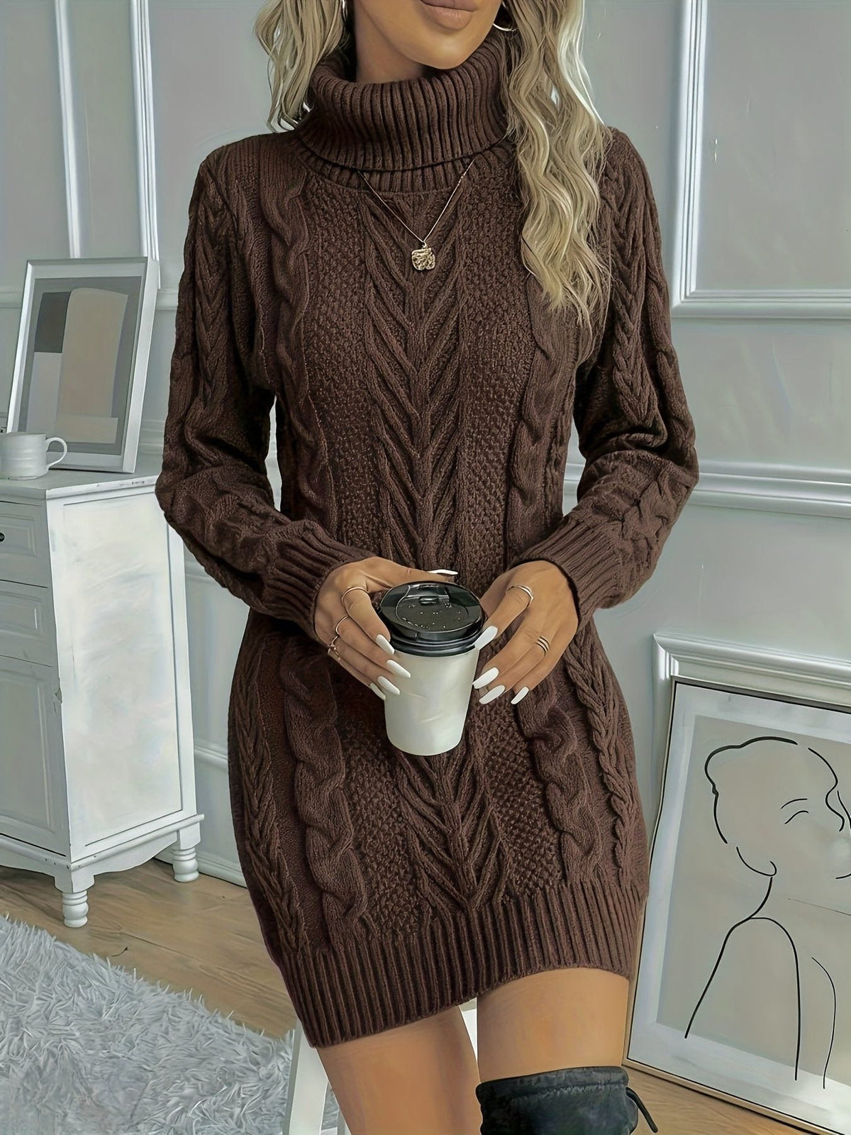 Strickkleid mit Zopfmuster und Rollkragen für Damen